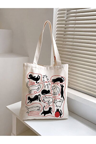 Pranvera Kedi Desenli Bez Çanta, Cat Design Pinterest Tote Bag