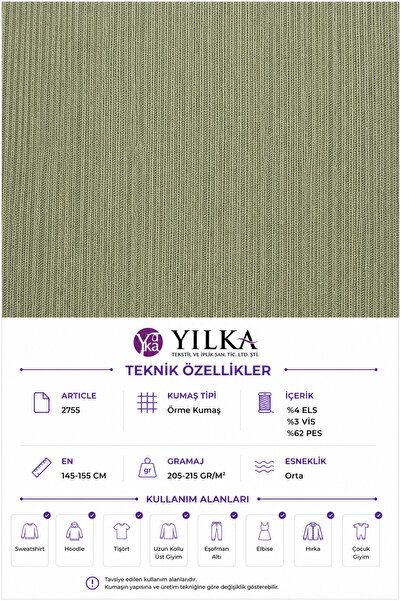 YILKA İnce Fitilli Örme Kumaş Haki %62 Polyester %34 Viskon %4 Elastan Ribana...