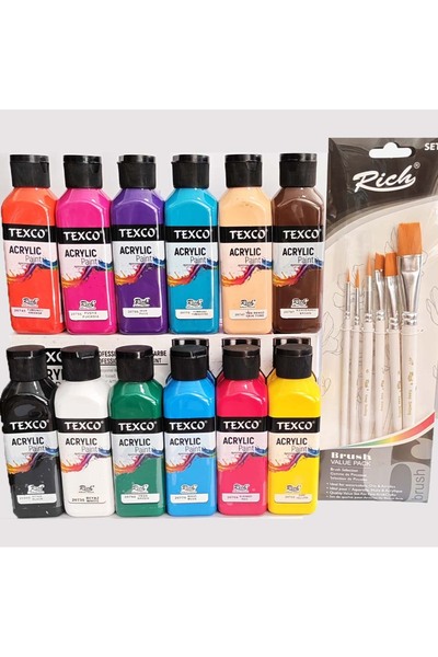 Rich Texco 130 ML 12 RENK AKRİLİK BOYA - KEEP SMİLE FIRÇA SET