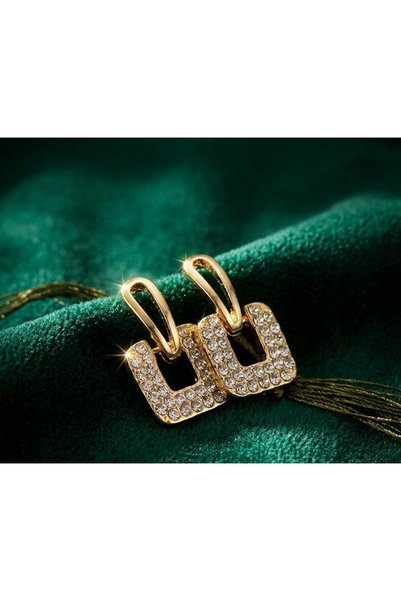 Prizma Concept Women's Gold Color Stud Earrings with Shiny Zircon Stone Squar...