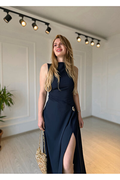 Store Navy Blue Asymmetrical Sleeveless Dress with Slit and Gold Accessory De...