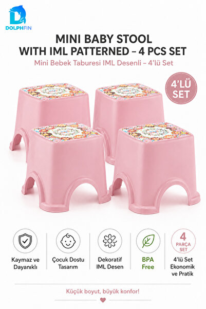 DolphFin IML Desenli Pembe Mini Çocuk Taburesi 4’lü Set BPA Free