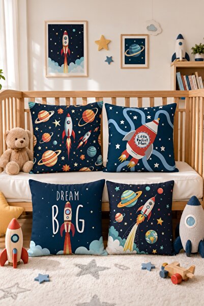EVPANYA Rocket Patterned 4-Piece Children's and Baby Pillowcase Set in Space