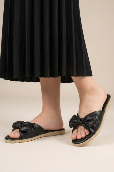 TOFİSA Women's Black Bow Detailed Slippers - 28714-Black