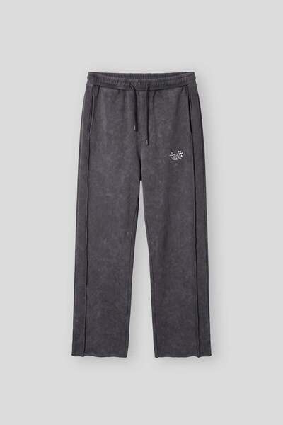 ablukaonline Men's Baggy Fit Washed Embroidered Sweatpants Black