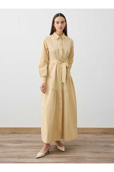 Refka Belted Hijab Dress with Cut-Out Skirt Detail - Dark Beige -