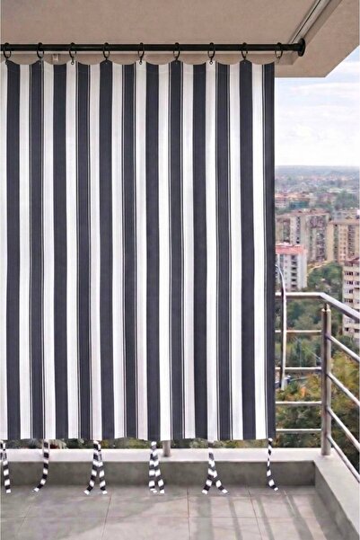 SHY TEKSTİL Gri-Beyaz balkon perdesi halkalı bağcıklı suya dayanıklı dış meka...