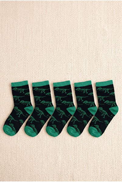 hadiora Boy's Black Green 7-8 Years Old Dinosaur Patterned 5-Piece Sock Set