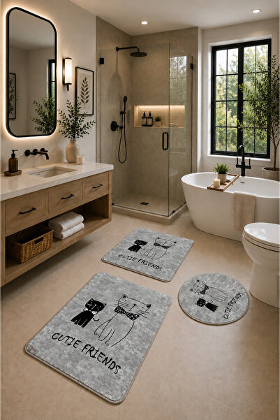 DECOVİST HOME Kaymaz Tabanlı Yıkanabilir 3’lü Yuvarlak Gri Banyo Paspası ve K...