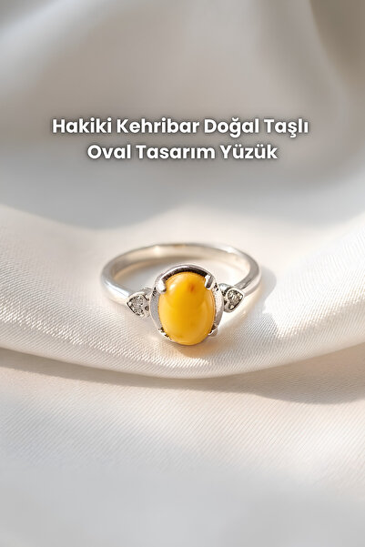 Elifsu Jewelry Genuine Amber Natural Stone Oval Design Ring