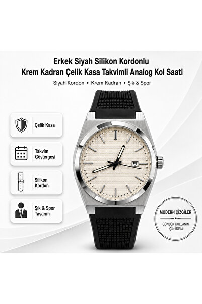 Valens Erkek Siyah Silikon Kordonlu Krem Kadran Çelik Kasa Takvimli Analog Ko...