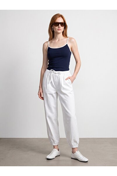 Dilvin 72344 100% Cotton Elastic Cuffed Trousers-White