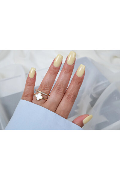 ATELİER TUĞBA Yzk528 White Clover Detail Gold Adjustable Ring