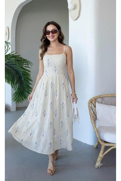 Moda Palmiss فستان نسائي صيفي متوسط الطول من الكتان بتفاصيل طباعة الزهور وحزام