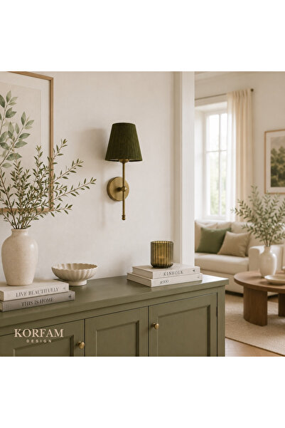 KorFam Yeşil Keten Şerit Kumaş Başlık Kablosuz Pilli Aplik