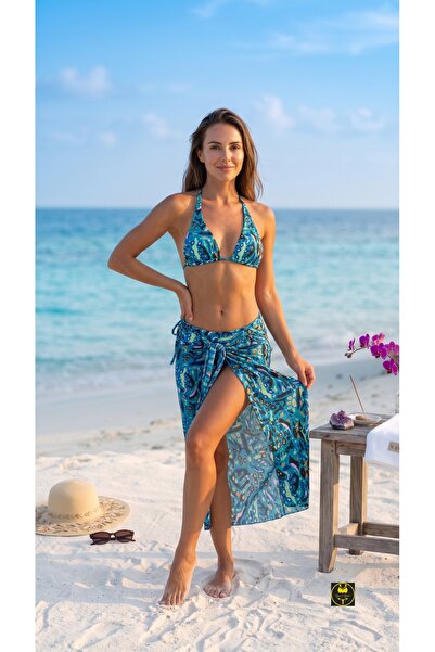 CIYA IC GIYIM Mavi Desenli Büzgülü Pareolu Üçgen Bikini Takımı 3'lü Yandan Ba...