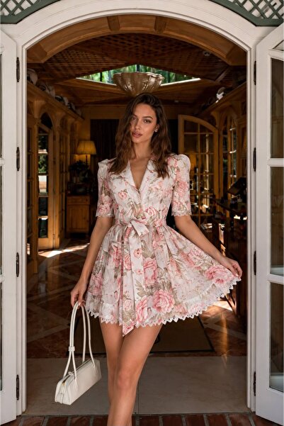 WellWay Keten Kumaş Model Düğme Detaylı Elbise-Kemer Dahil -Pembe-3106