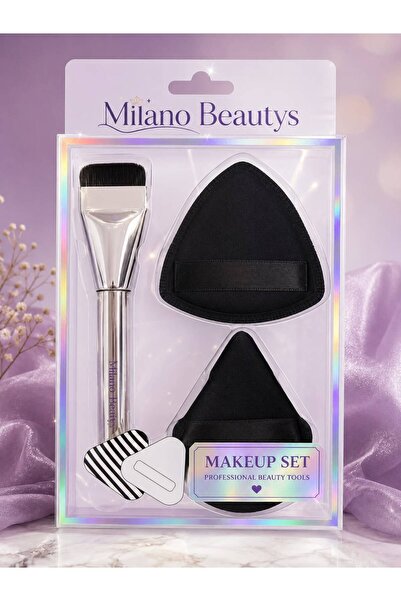 MİLANO BEAUTYS Fondöten Fırçası & 2 ADET Makyaj Puff Seti Siyah