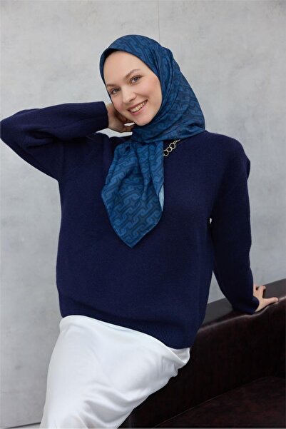 Silk Home Cotton Polyester Soft Scarf Geometric Pattern Indigo Blue 90X90