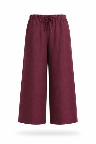 5in1Canpolat Bordo Geniş Paça Keten Pantolon 17795