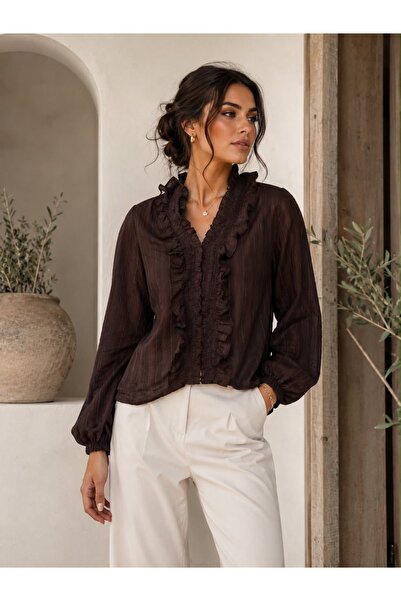 west club Women Coffee Ruffle V-Neck Long Sleeve Crepe Shirt Stylish Casual B...