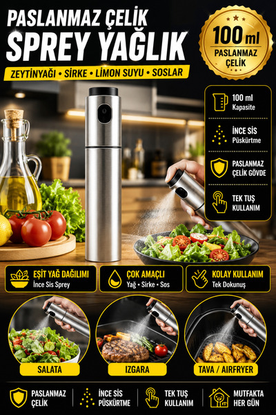 Hane Dostu Paslanmaz Çelik Sprey Yağlık 100 ml Zeytinyağı Sirke Püskürtücü Ya...