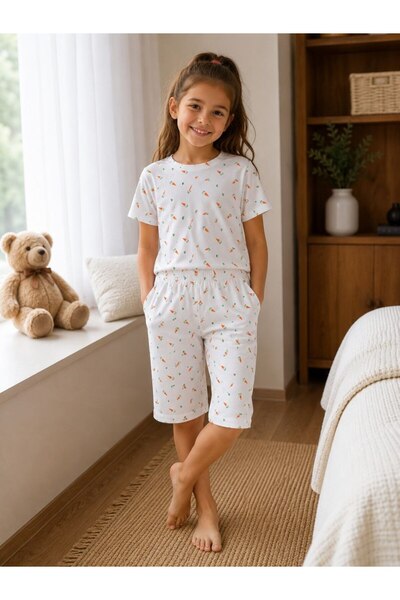 FOSOOL Kiz Rahat Pamuklu Pijama Takımı (Kalp, Kiraz, Havuç Desenleri)