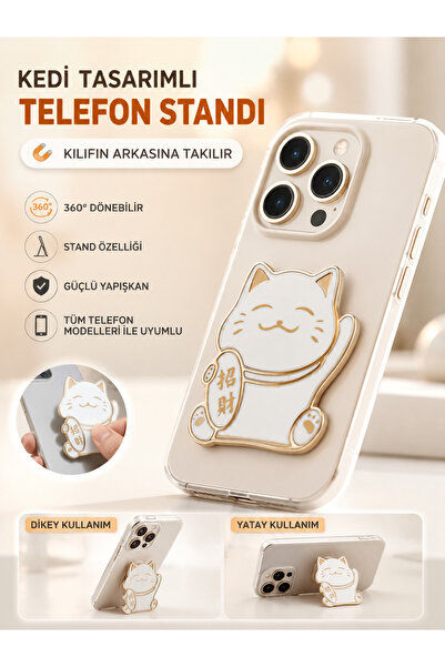 Hatreds Kedi Tasarımlı 360° Döner Yapışkanlı Telefon Kılıfı Standı Beyaz
