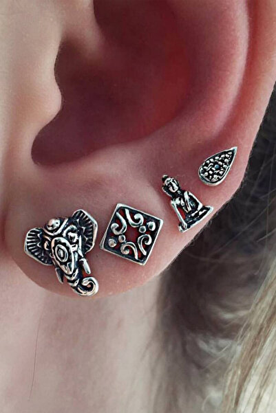 VeeShop Top Bottom Set of 4 ethnic-inspired earrings, elephant, rhombus, Budd...