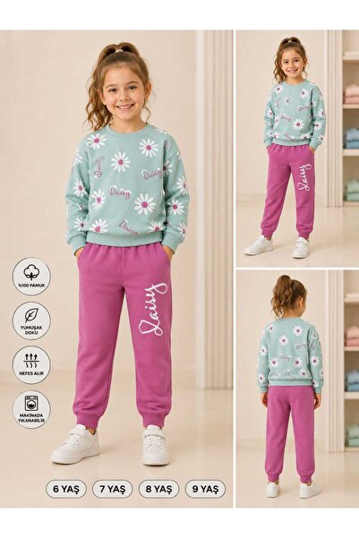 vinezza Kız Çocuk Papatya Desenli Sweatshirt Eşofman Altı 2'li Mevsimlik Takı...