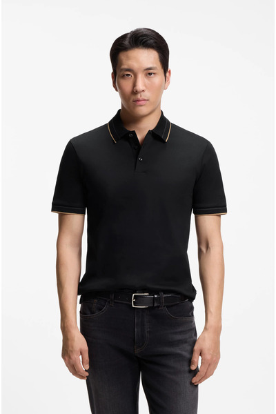BOSS Men's Slim Fit Breathable Mercerized Cotton Short Sleeve Black Polo Coll...