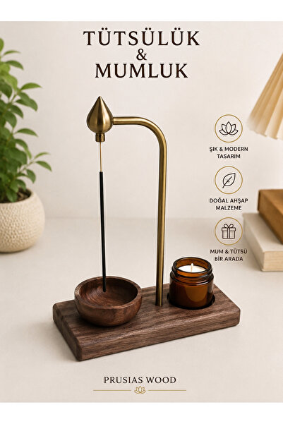 Prusias Wood Koyu Ahşap Tütsülük & Mumluk - Doğal Ahşap Dekoratif Çubuk Tütsü...