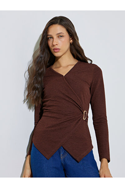 Styli Brown Wrap Front Textured Knit Top