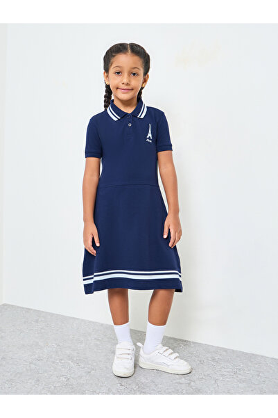 Styli Girls Cotton Polo T-Shirt Dress With Striped Hem