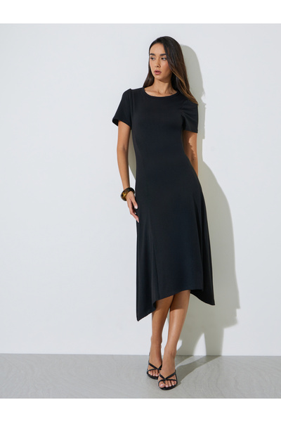 Styli Black Short Sleeve Asymmetrical Hem Midi Dress