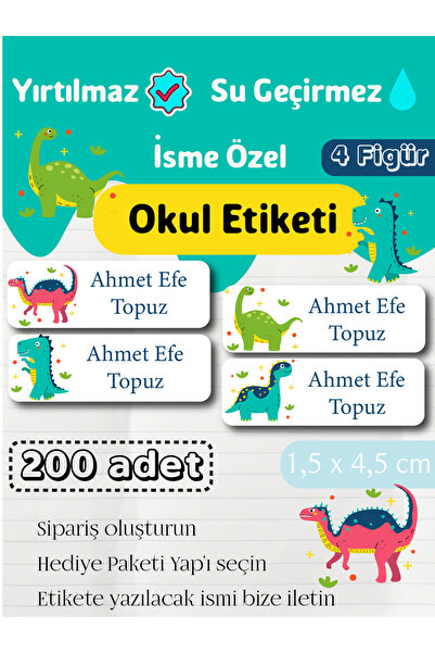 GÖKÇETasarım *ROZET HEDİYELİ* Dinozor Temalı İsme Özel Okul Etiketi / Kırtasi...
