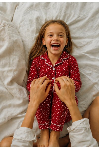 modaminikler Girl's Red Heart Patterned Buttoned 100% Cotton Pajama Set (Mother and Child Sold Separately - Price Is for One Item.)