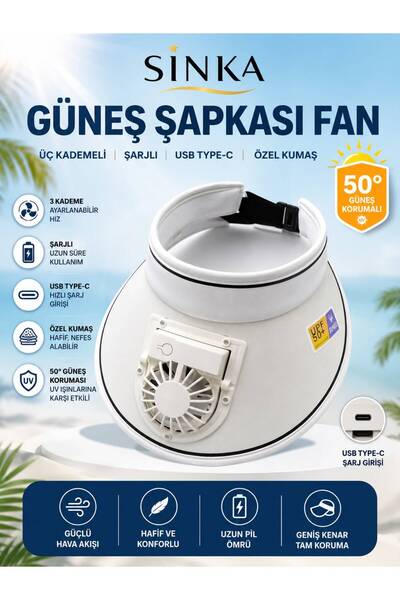 SİNKA Şapka Fan Güneş Koruyucu 50+ Şarjlı 3 Kademeli Kumaş Yan Süngerli Arka ...