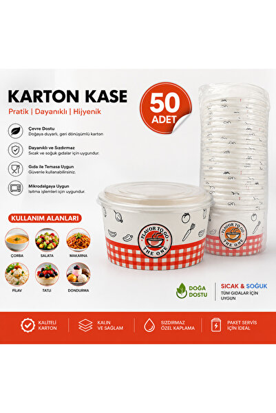meretopack 50 Adet Plastik Kapaklı Karton Çorba Salata Aşure Tatlı Dondurma K...