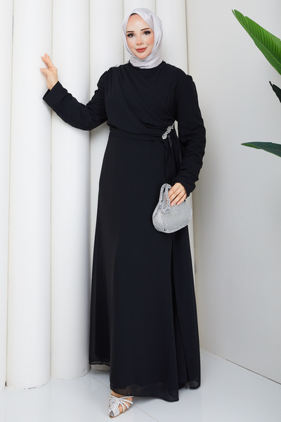 Pamuk Butik Kadın Taş Detaylı Drapeli Tesettür Şifon Abiye Elbise