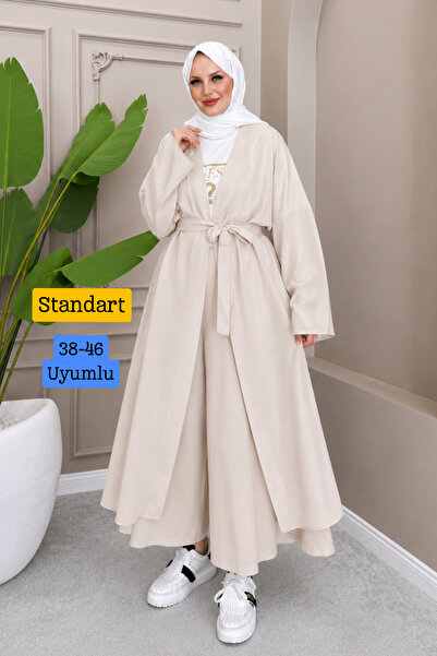 Balenbi Kadın Kuşaklı Kimono Hırka Bol Paça Pantolon 2'li Abaya Takım 1230 Taş
