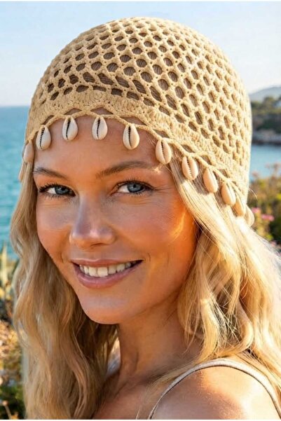 Mood Agenda Women's Seashell Knitted Bandana Beanie Mesh Textured Bohemian Be...