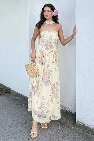 Aryena Yellow Women's Floral Patterned Chiffon Dress with Scarf