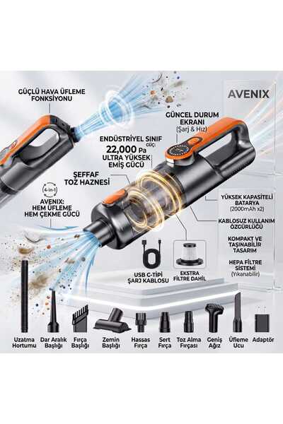 Avenıx 22000 Pa Ultra Güçlü Kablosuz Araç ve Ev Süpürgesi – Hem Çekme Hem Üfl...