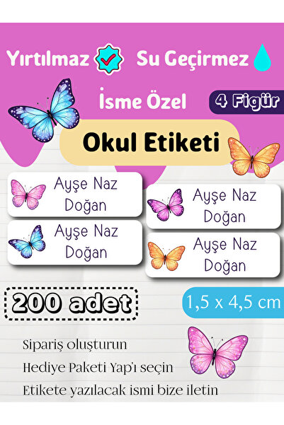 GÖKÇETasarım *ROZET HEDİYELİ* Kelebek Temalı İsme Özel Okul Etiketi / Kırtasi...