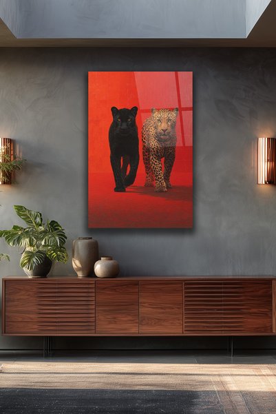 ACRES Siyah Panter Leopar Kırmızı Fon Güç Temalı Dekoratif Cam Tablo