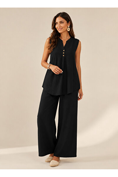 OK BLUME Women's Short Sleeve Wrinkled Blouse and Pants Two-Piece Set
