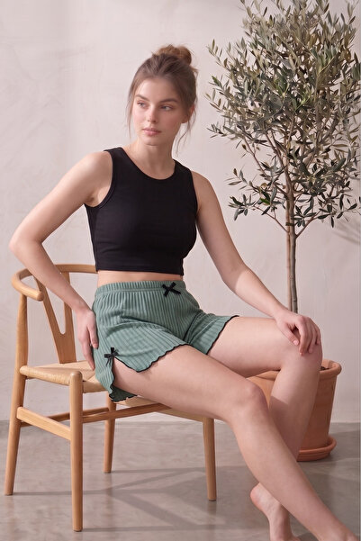 Farya Home Cotton Camisole Shorts with Slits, Stripes, Bow Detail, and Ribbed...