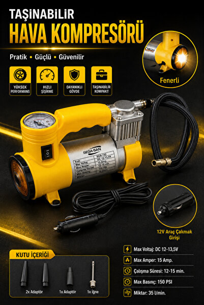 SEGASAN SEGA-SAN Fenerli Araç İçi Lastik Şişirme Pompası 12V 150 PSI Taşınabi...