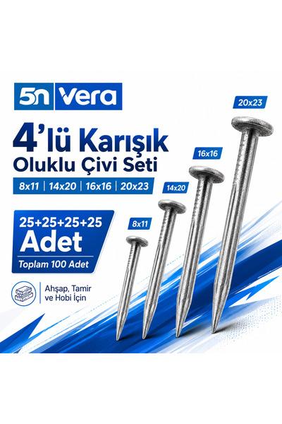 5NVERA 5N VERA 4’lü Karışık Oluklu Çivi Seti 100 Adet | 8x11, 14x20, 16x16, 2...